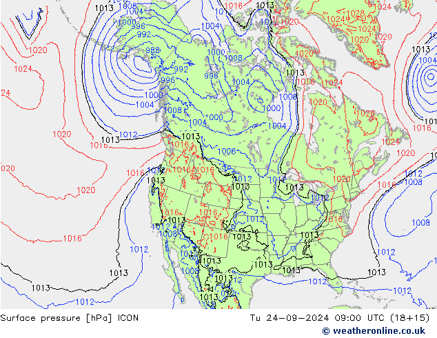 Atmosférický tlak ICON Út 24.09.2024 09 UTC