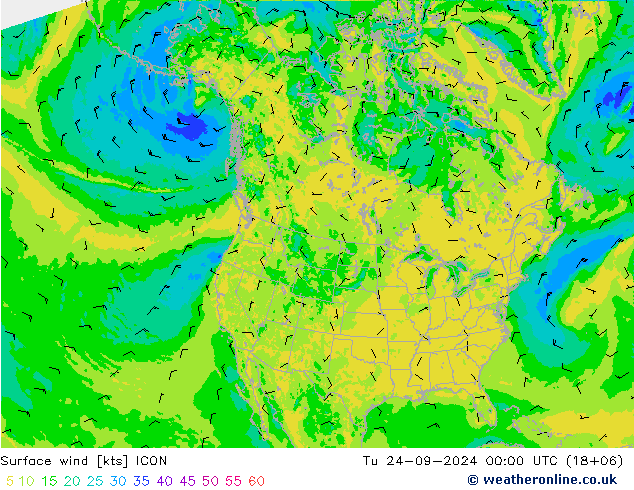 wiatr 10 m ICON wto. 24.09.2024 00 UTC