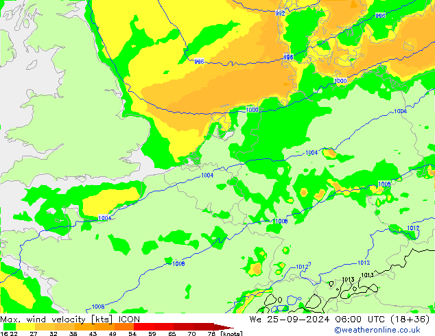 Max. wind velocity ICON mié 25.09.2024 06 UTC