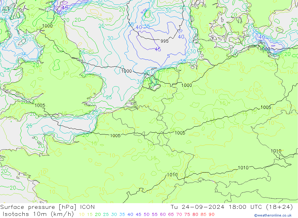 Isotachs (kph) ICON Tu 24.09.2024 18 UTC