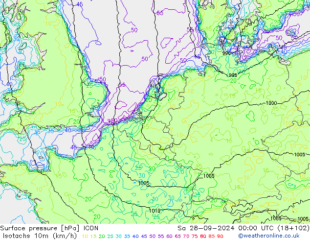 Isotaca (kph) ICON sáb 28.09.2024 00 UTC