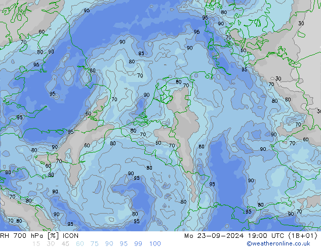 RH 700 hPa ICON Mo 23.09.2024 19 UTC