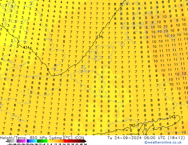 Height/Temp. 850 hPa ICON Di 24.09.2024 06 UTC