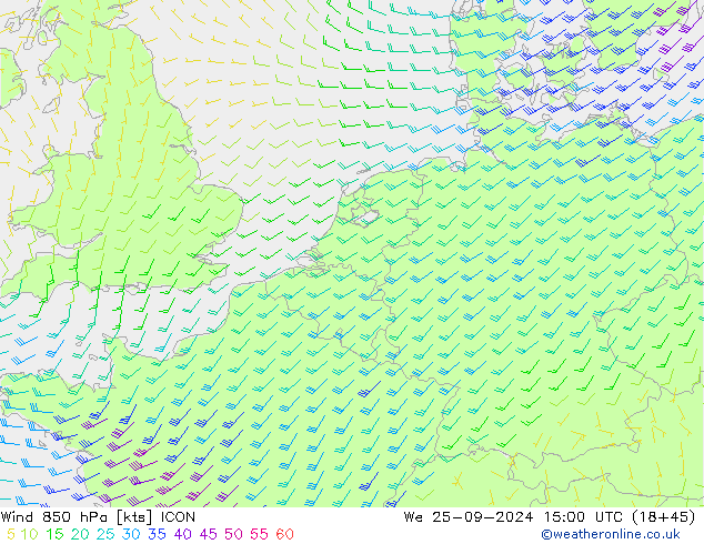 Viento 850 hPa ICON mié 25.09.2024 15 UTC