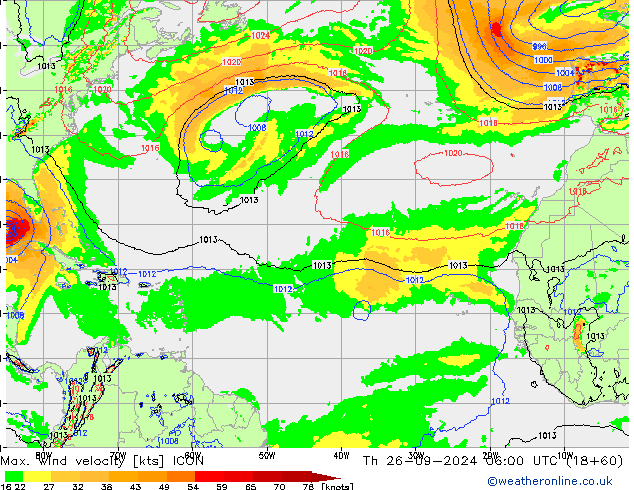 Max. wind velocity ICON Čt 26.09.2024 06 UTC