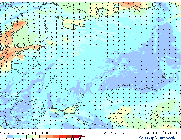 Wind 10 m (bft) ICON wo 25.09.2024 18 UTC