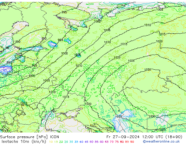 Isotachs (kph) ICON пт 27.09.2024 12 UTC