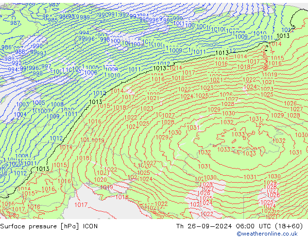 Atmosférický tlak ICON Čt 26.09.2024 06 UTC