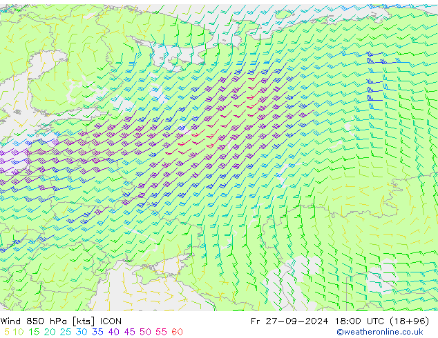 Vento 850 hPa ICON Sex 27.09.2024 18 UTC