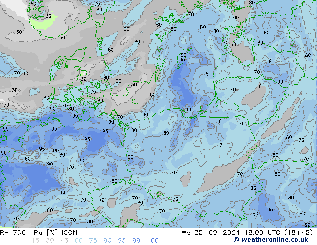 RH 700 hPa ICON śro. 25.09.2024 18 UTC