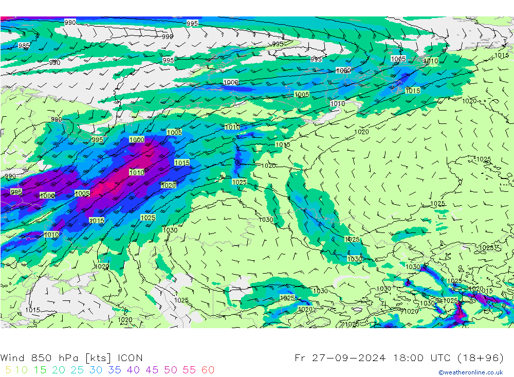 Wind 850 hPa ICON Fr 27.09.2024 18 UTC