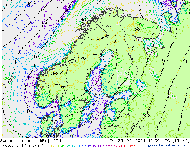 Eşrüzgar Hızları (km/sa) ICON Çar 25.09.2024 12 UTC