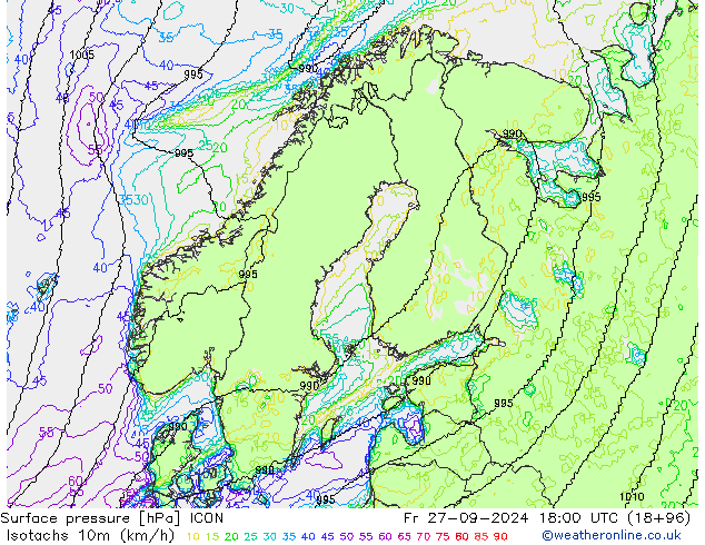 Isotachs (kph) ICON Pá 27.09.2024 18 UTC