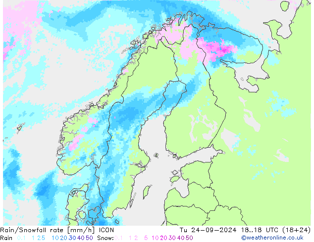 Rain/Snowfall rate ICON вт 24.09.2024 18 UTC