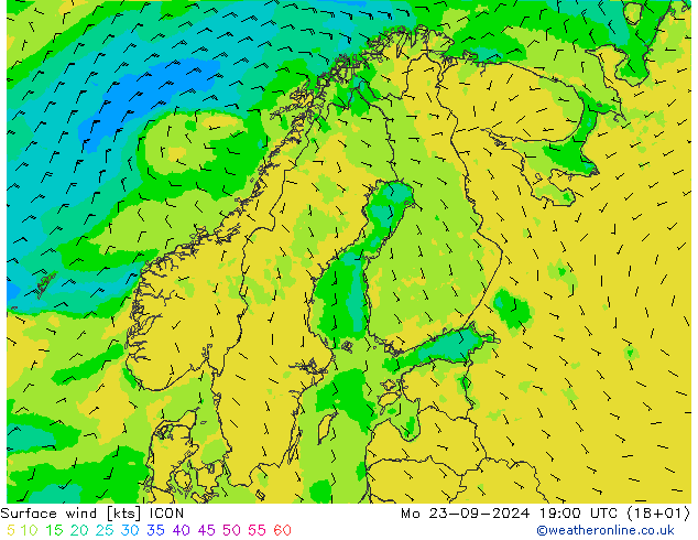 Surface wind ICON Mo 23.09.2024 19 UTC