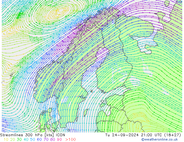 Linia prądu 300 hPa ICON wto. 24.09.2024 21 UTC