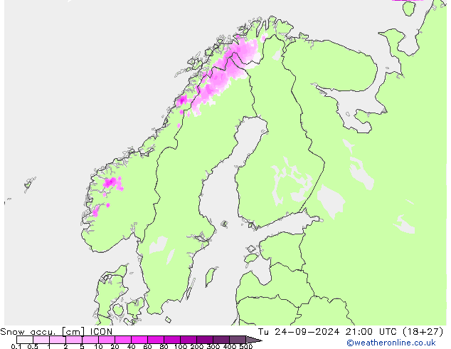 Глубина снега ICON вт 24.09.2024 21 UTC