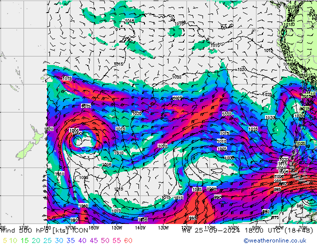 Vento 500 hPa ICON mer 25.09.2024 18 UTC