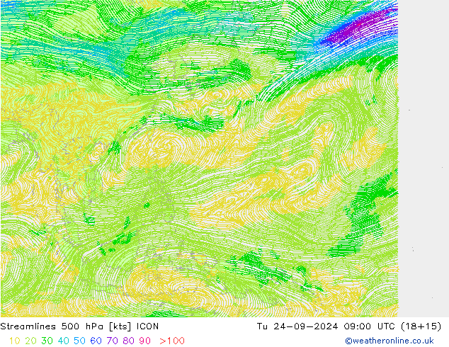 Streamlines 500 hPa ICON Tu 24.09.2024 09 UTC