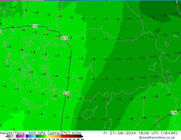 Hoogte/Temp. 500 hPa ICON vr 27.09.2024 18 UTC