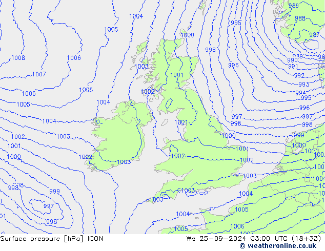 Atmosférický tlak ICON St 25.09.2024 03 UTC