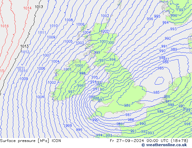 Surface pressure ICON Fr 27.09.2024 00 UTC