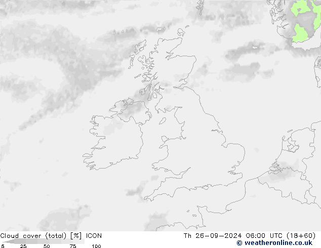 Cloud cover (total) ICON Th 26.09.2024 06 UTC