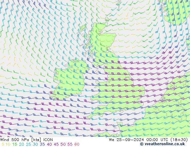 Wind 500 hPa ICON Mi 25.09.2024 00 UTC