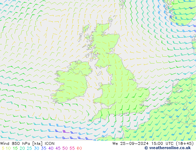 ветер 850 гПа ICON ср 25.09.2024 15 UTC