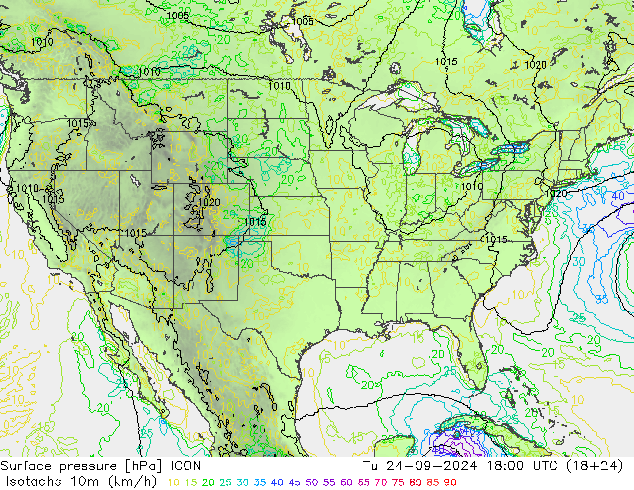 Isotachs (kph) ICON Tu 24.09.2024 18 UTC