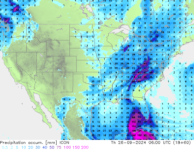 Precipitation accum. ICON Čt 26.09.2024 06 UTC