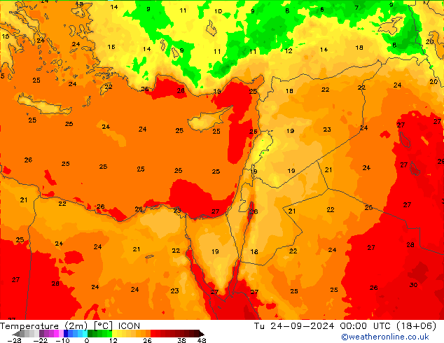 température (2m) ICON mar 24.09.2024 00 UTC