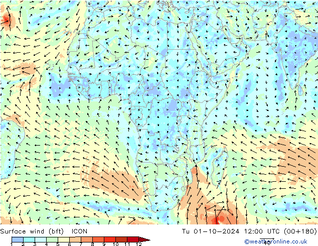 Vento 10 m (bft) ICON Ter 01.10.2024 12 UTC
