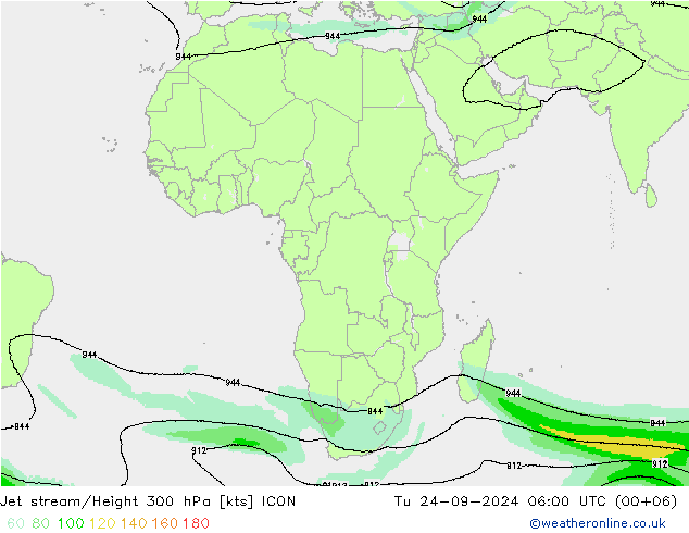 Jet stream/Height 300 hPa ICON Tu 24.09.2024 06 UTC