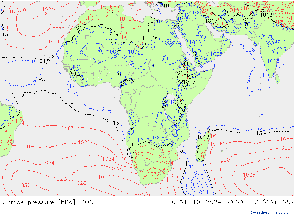 Surface pressure ICON Tu 01.10.2024 00 UTC