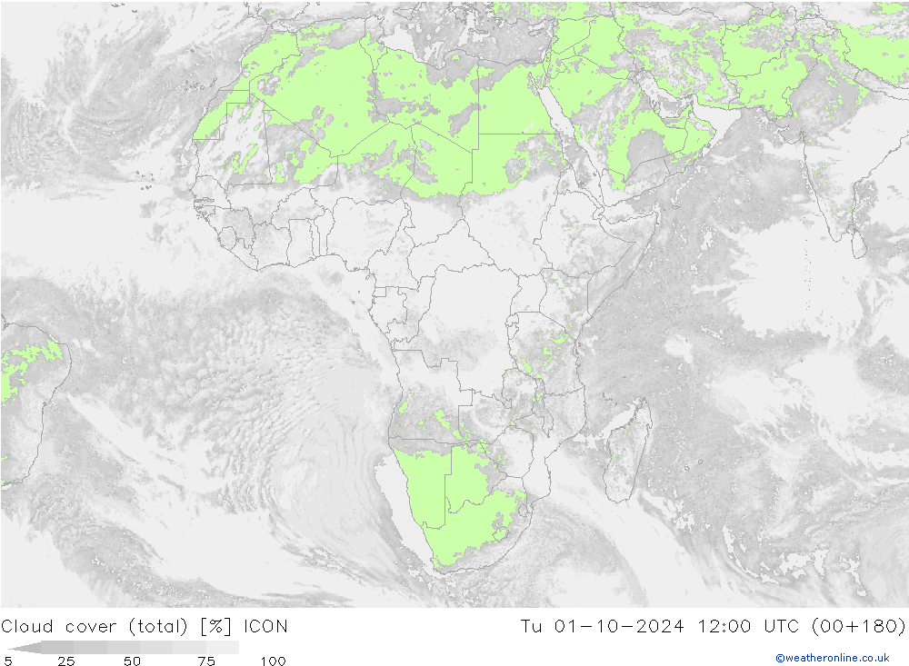 Cloud cover (total) ICON Tu 01.10.2024 12 UTC