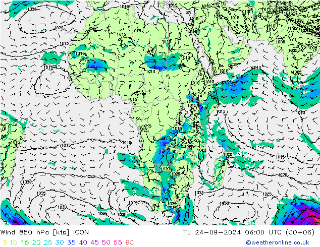 wiatr 850 hPa ICON wto. 24.09.2024 06 UTC