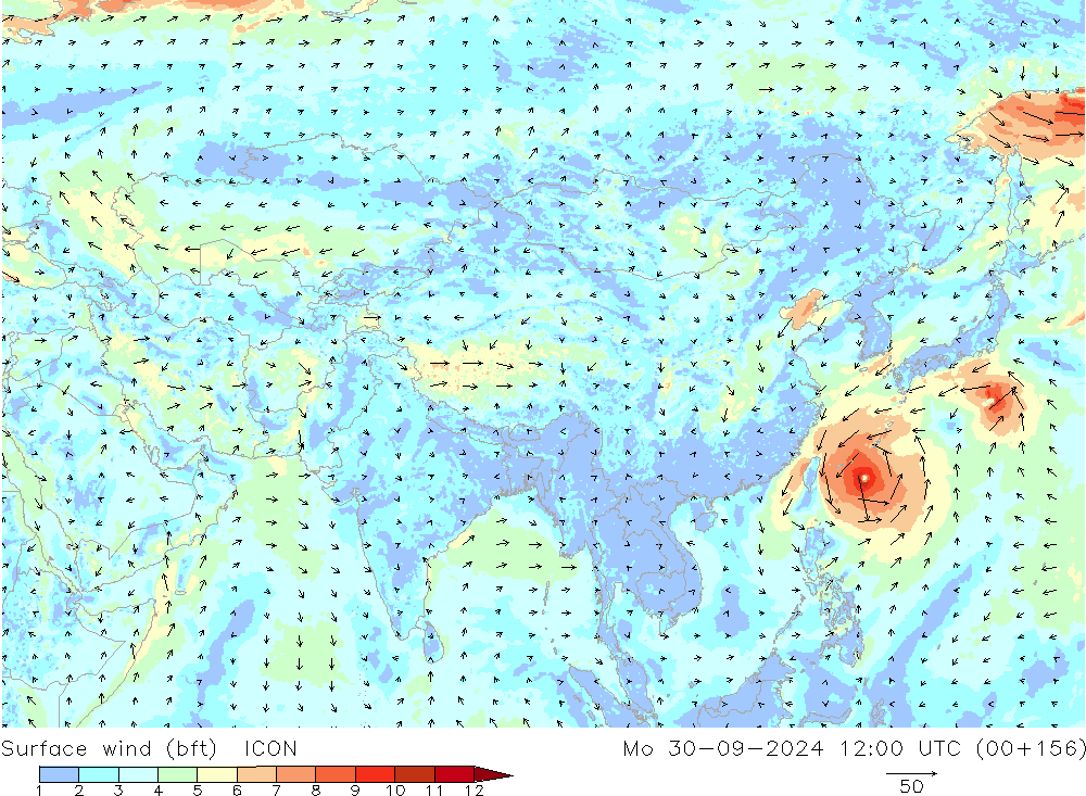 Viento 10 m (bft) ICON lun 30.09.2024 12 UTC