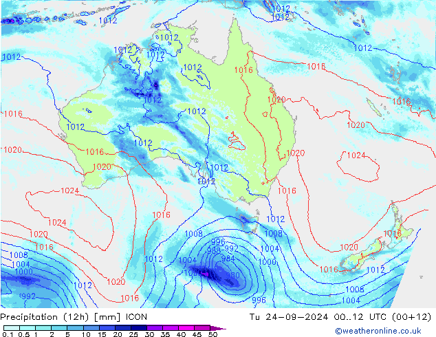 Totale neerslag (12h) ICON di 24.09.2024 12 UTC