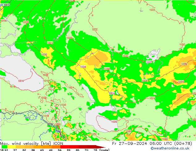 Max. wind velocity ICON пт 27.09.2024 06 UTC