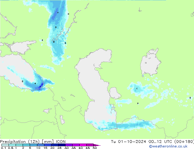 Totale neerslag (12h) ICON di 01.10.2024 12 UTC