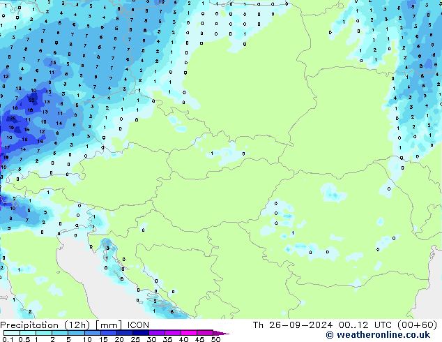 Totale neerslag (12h) ICON do 26.09.2024 12 UTC