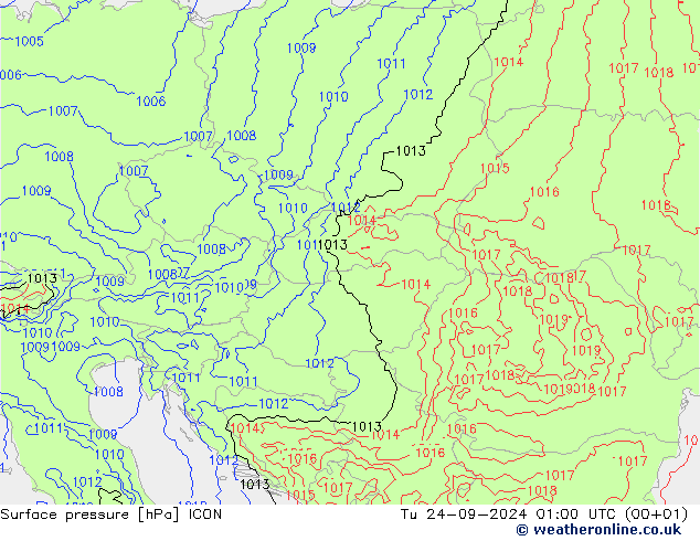 Surface pressure ICON Tu 24.09.2024 01 UTC