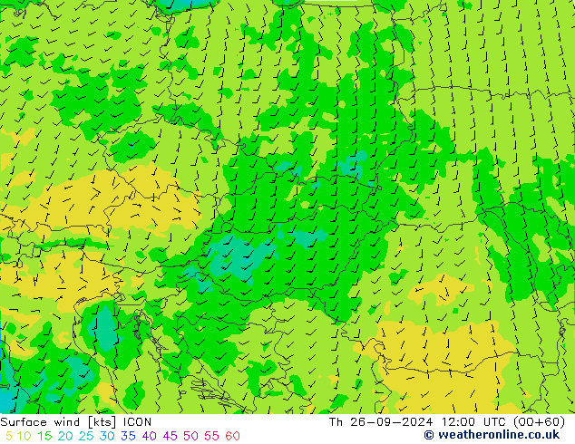 Viento 10 m ICON jue 26.09.2024 12 UTC