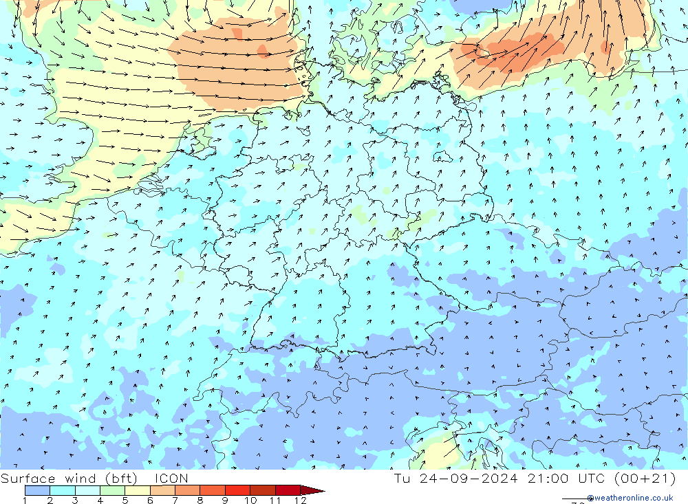 Rüzgar 10 m (bft) ICON Sa 24.09.2024 21 UTC