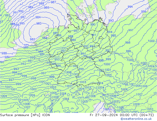 Presión superficial ICON vie 27.09.2024 00 UTC