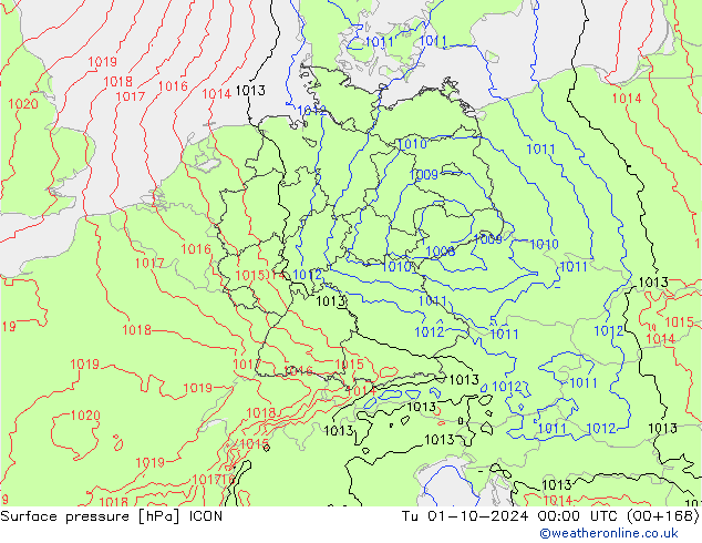 地面气压 ICON 星期二 01.10.2024 00 UTC