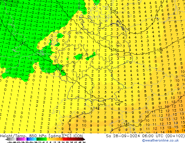 Height/Temp. 850 гПа ICON сб 28.09.2024 06 UTC