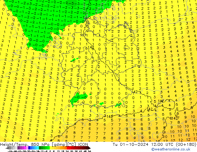 Height/Temp. 850 hPa ICON wto. 01.10.2024 12 UTC