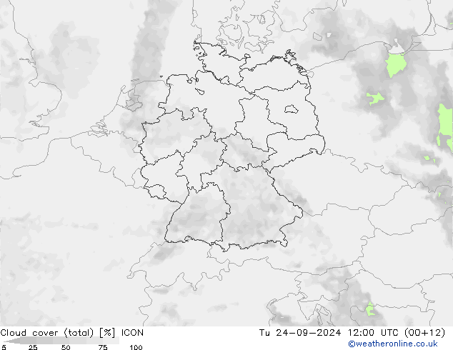 Cloud cover (total) ICON Út 24.09.2024 12 UTC